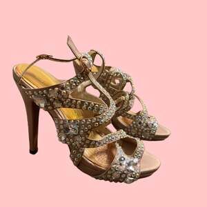Alisha Hill Champagne Satin Rhinestone Embellished Strappy Stiletto Sandals